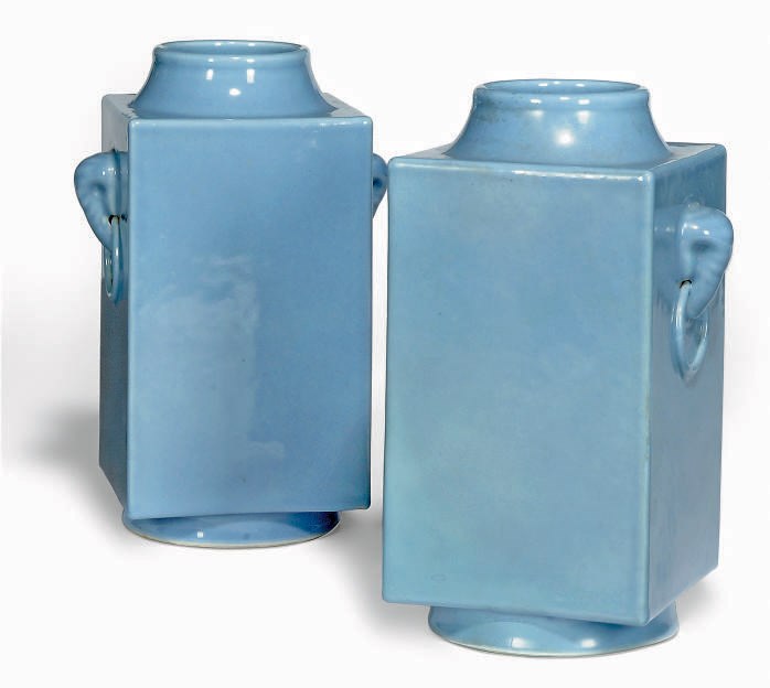 A PAIR OF CHINESE CLAIRE DE LUNE CONG VASES