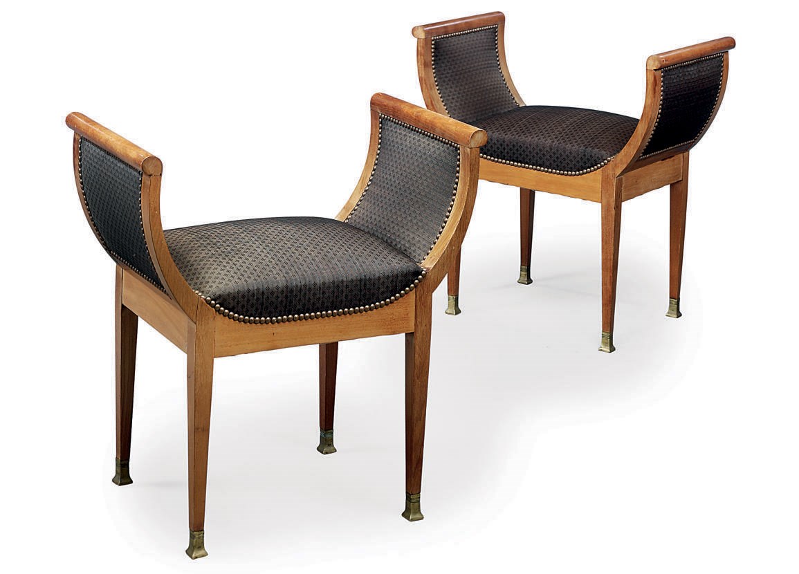 A PAIR OF AUSTRIAN MAHOGANY AND STAINED BEECHWOOD STOOLS
