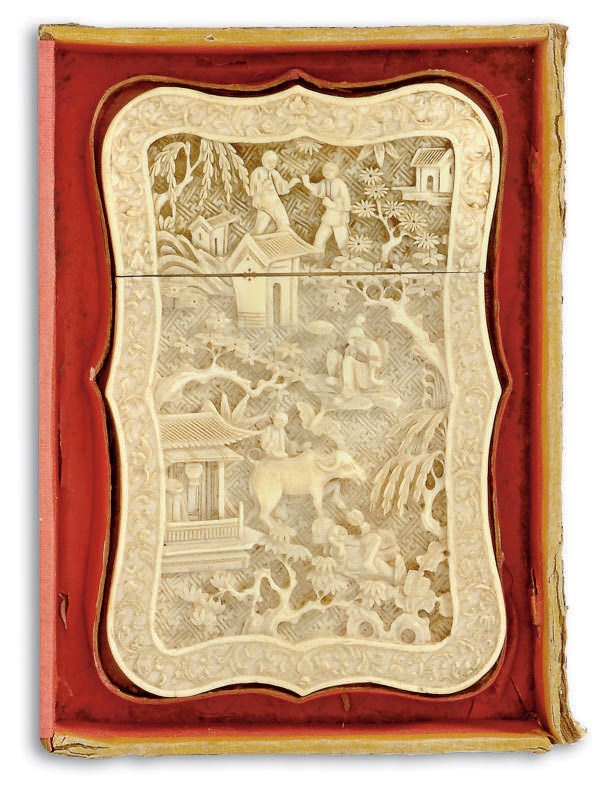 A CANTONESE IVORY CARD BOX AND COVER