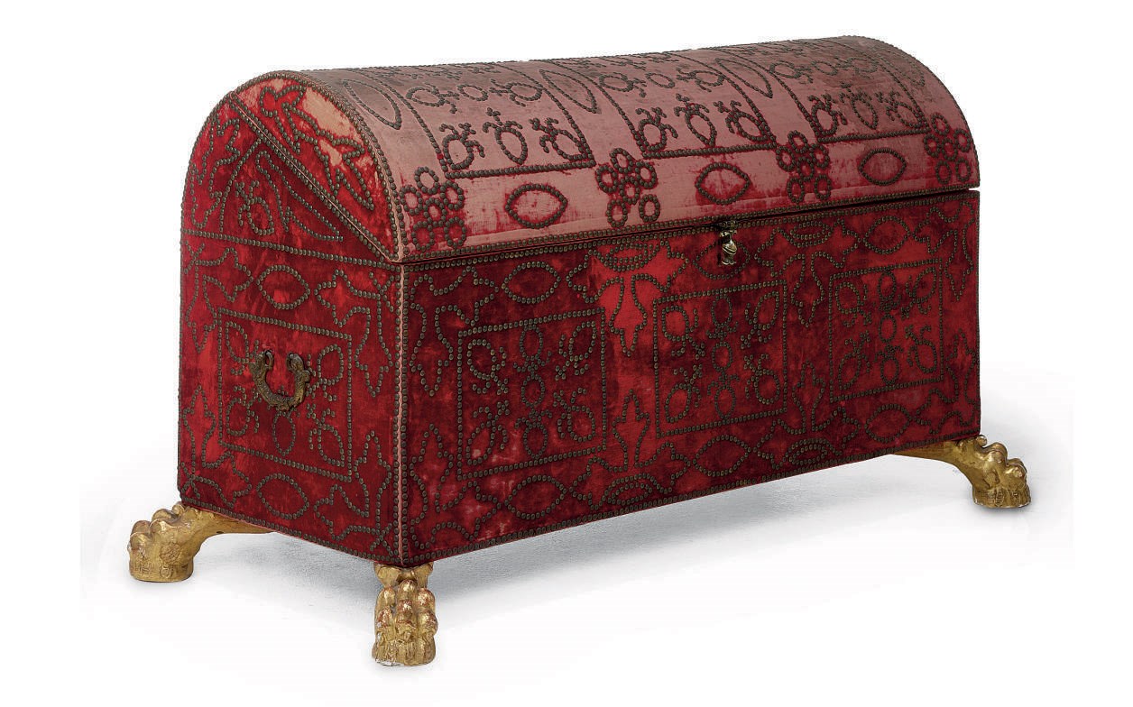 A MALLORCAN BRASS-STUDDED RED VELVET COFFER