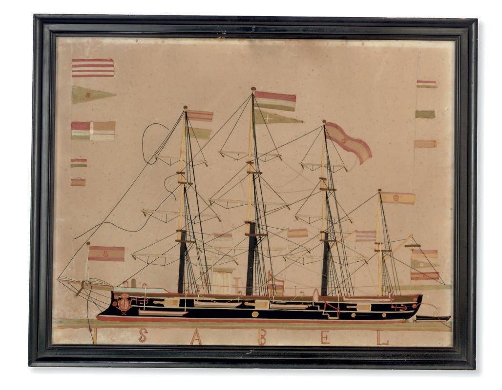 A SPANISH STITCWORK PICTURE OF A SCHOONER