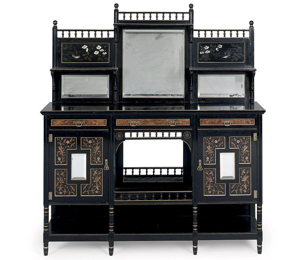 A VICTORIAN AESTHETIC MOVEMENT PARCEL-GILT EBONISED, THUYA AND INLAID SIDEBOARD