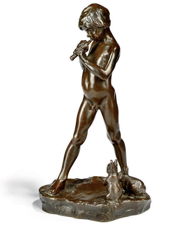 A BRONZE FIGURE OF A BOY PLAYING THE PIPES