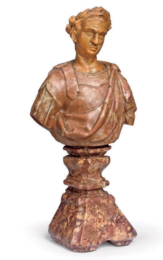 AN ITALIAN GIALLO ANTICO, BROCATELLA AND BRECIA MARBLE BUST OF AN EMPEROR