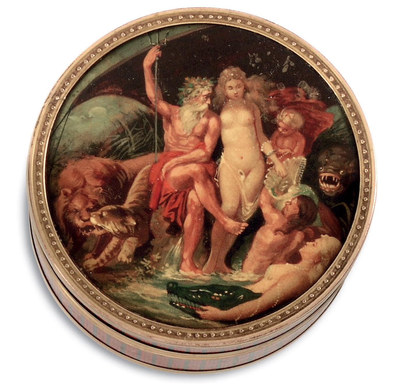 A FRENCH VERNIS-MARTIN LACQUER AND GILT-METAL MOUNTED SNUFF BOX