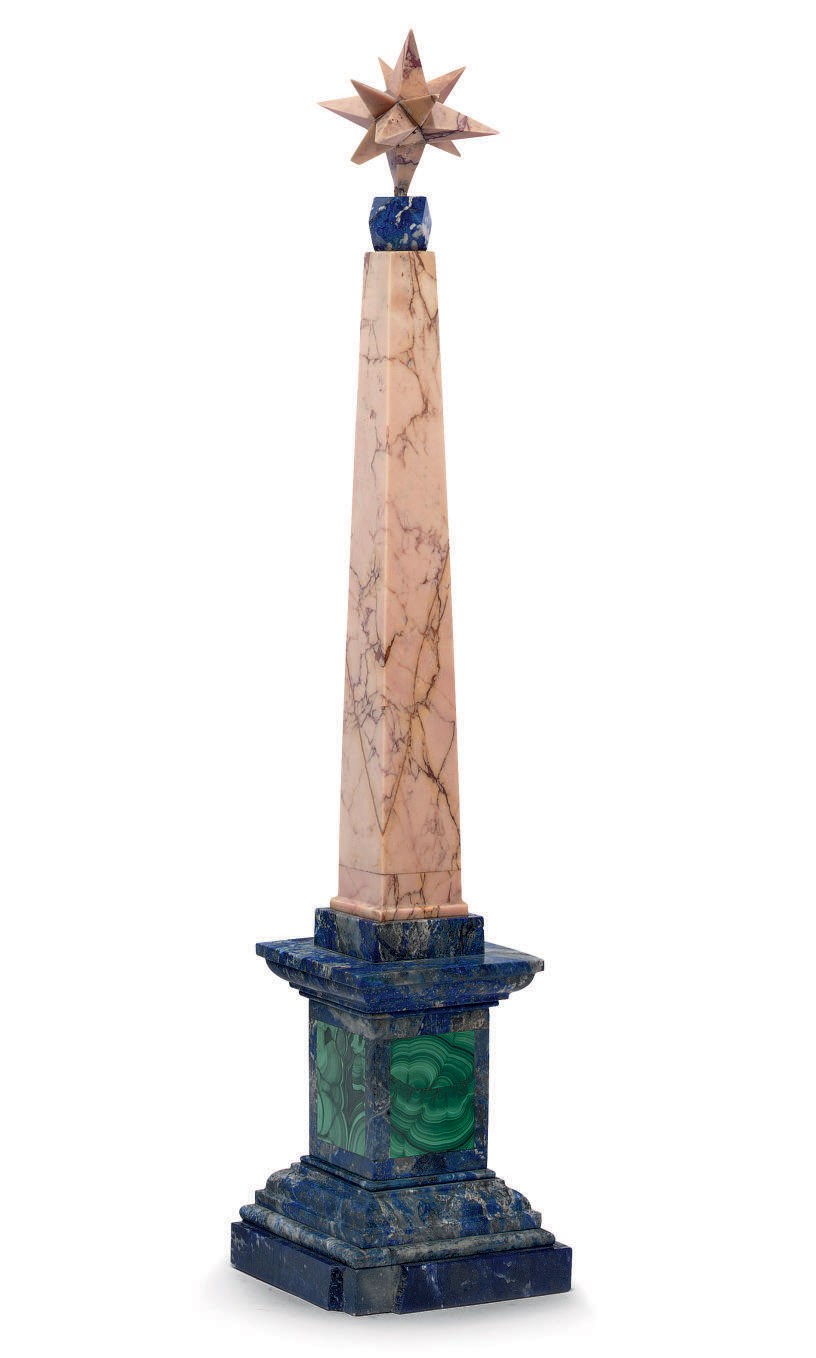 A MALACHITE, LAPIZ LAZULI AND SIENA MARBLE OBELISK