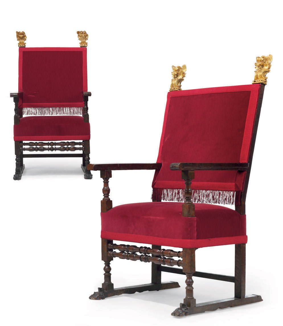 A PAIR OF ITALIAN WALNUT OPEN ARMCHAIRS