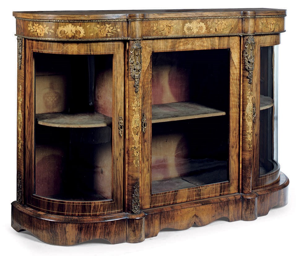 A MID-VICTORIAN WALNUT GILT-METAL MOUNTED AND MARQUETRY INLAID CREDENZA