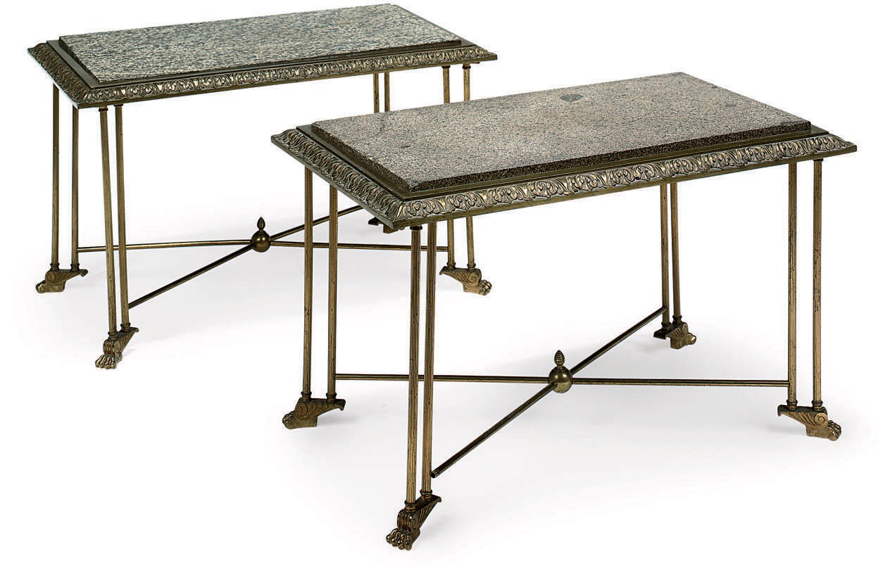 A NEAR PAIR OF LACQUERED BRONZE, GILT BRASS AND GRANITE MOUNTED LOW OCCASIONAL TABLES