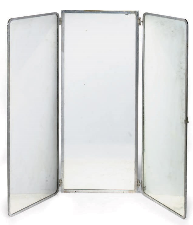 A CHROME PLATED METAL TRIPLE FOLD FLOOR STANDING MIRROR