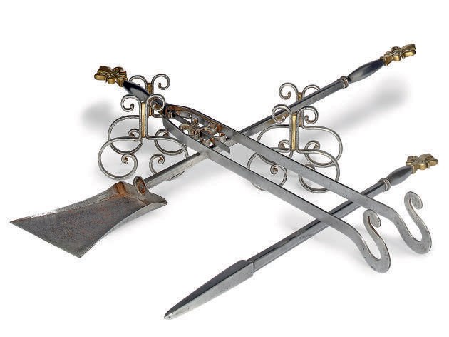 A SET OF THREE FRENCH STEEL AND BRASS-MOUNTED FIRE-TOOLS