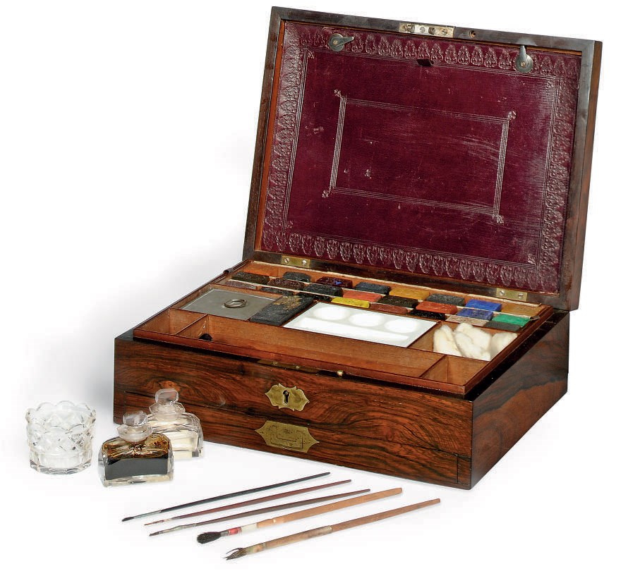 A VICTORIAN ROSEWOOD ARTIST'S PAINT BOX