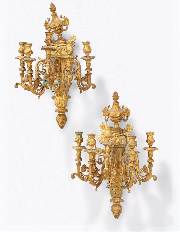 A PAIR OF FRENCH GILT BRONZE FIVE-LIGHT WALL APPLIQUES