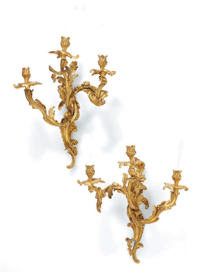 A PAIR OF FRENCH GILT-BRONZE THREE-LIGHT WALL APPLIQUES