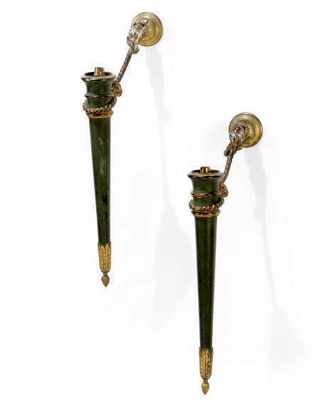 A PAIR OF GREEN-PAINTED AND GILT BRONZE WALL LIGHTS