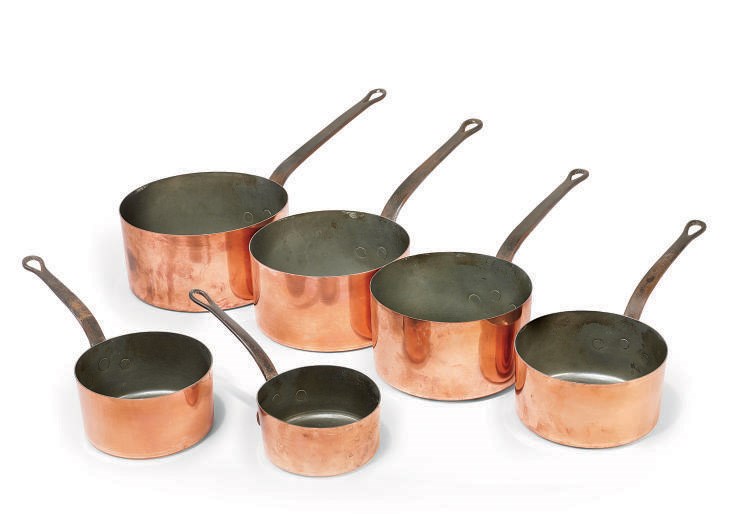 A GRADUATED SET OF SIX VICTORIAN COPPER SAUCEPANS