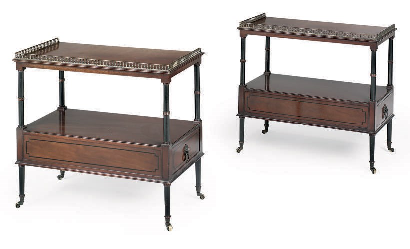 A PAIR OF MAHOGANY AND EBONISED TWO TIER OCCASIONAL TABLES