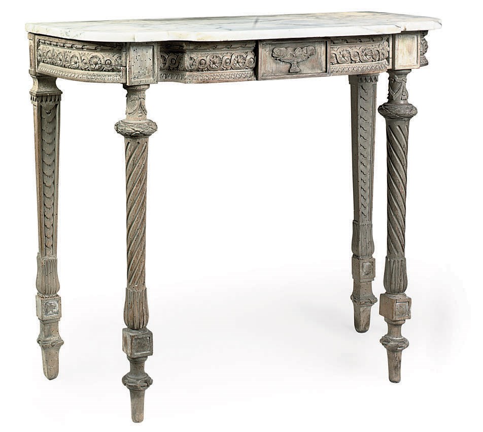 A FRENCH CARVED BEECH AND MARBLE MOUNTED CONSOLE TABLE