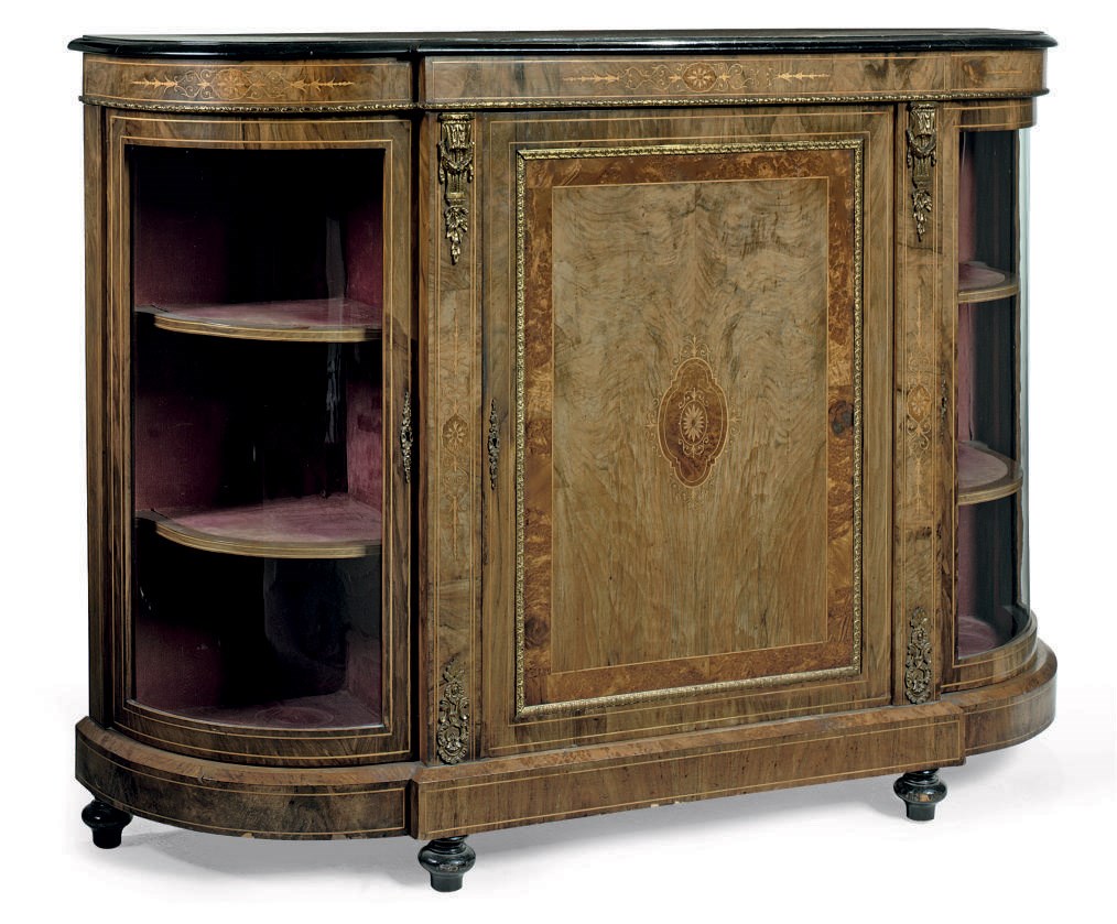 A LATE VICTORIAN WALNUT GILT-METAL MOUNTED AND MARQUETRY INLAID CREDENZA