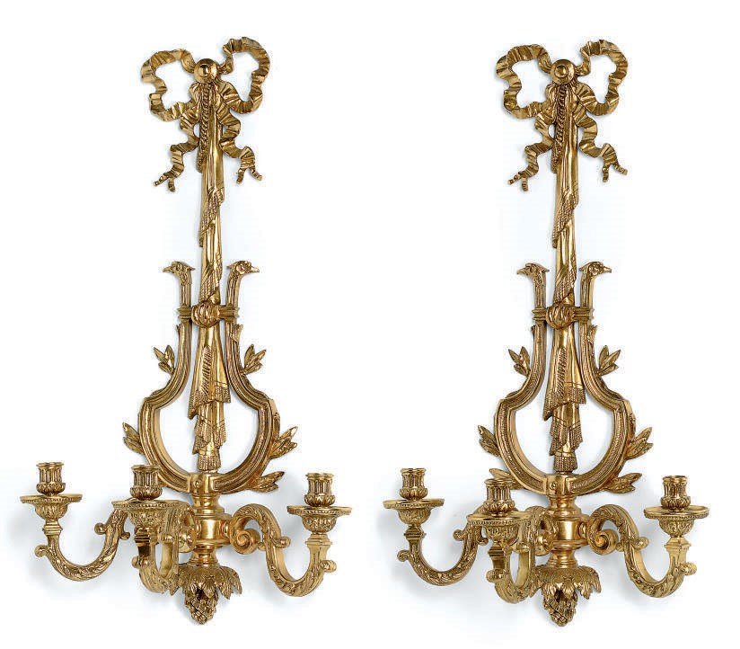 A PAIR OF GILT BRONZE THREE-LIGHT WALL APPLIQUES