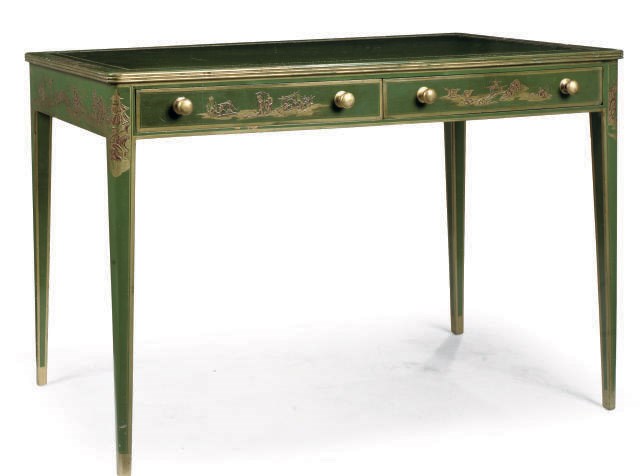 A GREEN JAPANNED WRITING TABLE
