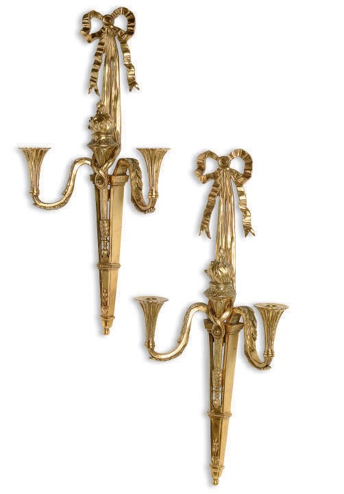 A PAIR OF GILT-BRONZE TWIN-BRANCH WALL APPLIQUES