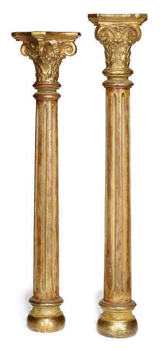 A PAIR OF GILTWOOD CORINTHIAN COLUMNS OF SMALL SIZE