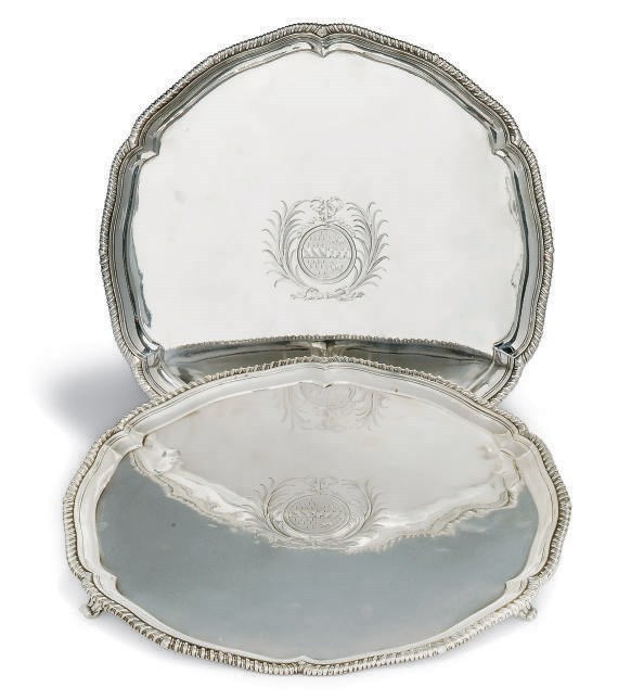 A MATCHED PAIR OF GEORGE III SILVER SALVERS