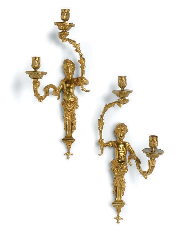 A PAIR OF FRENCH GILT-BRONZE TWIN LIGHT WALL APPLIQUES