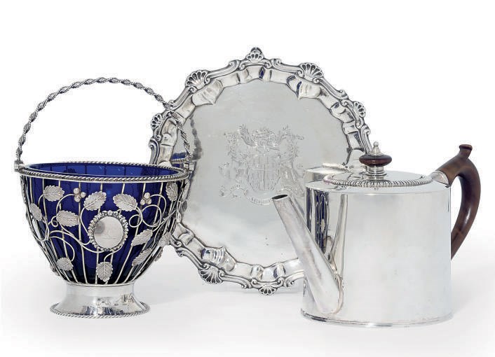 A GEORGE III SILVER SWING-HANDLED SUGAR BASKET