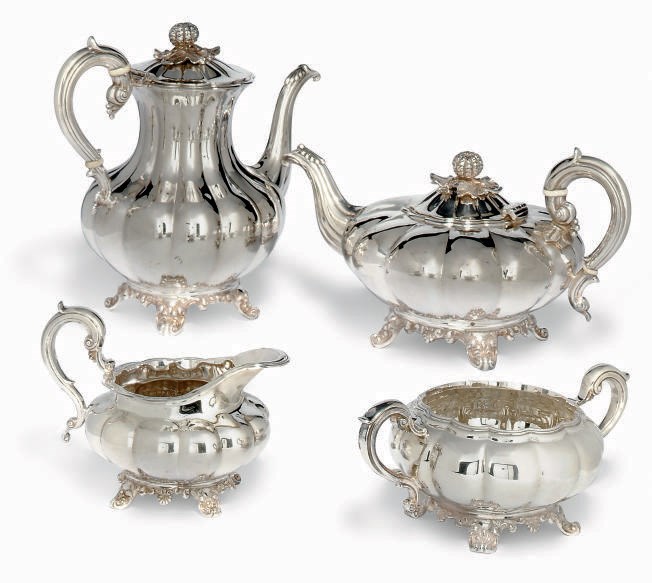 A MODERN SILVER MELON-FLUTED FOUR-PIECE TEA AND COFFEE SET IN THE WILLIAM IV/VICTORIAN STYLE