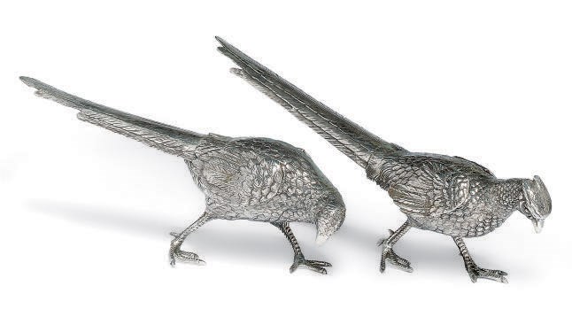A PAIR OF CONTINENTAL METALWARE PHEASANT TABLE ORNAMENTS