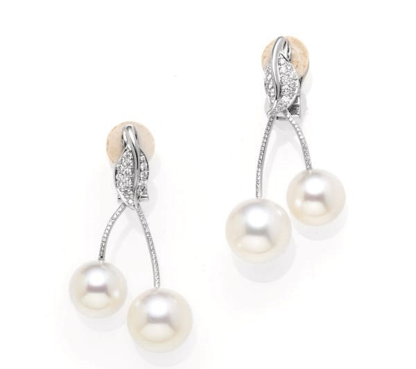 A PAIR OF CULTURED PEARL, DIAMOND AND 18K WHITE GOLD EAR PENDANTS, BY LORENZ BAUMER