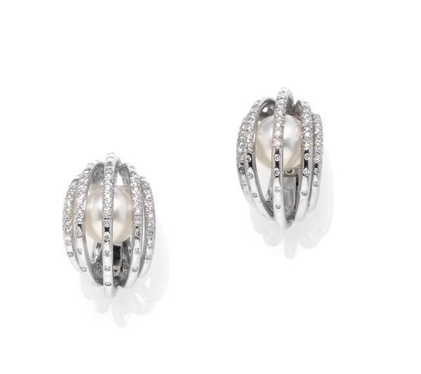 A PAIR OF CULTURED PEARL, DIAMOND AND 18K WHITE GOLD EAR CLIPS, BY LORENZ BAUMER