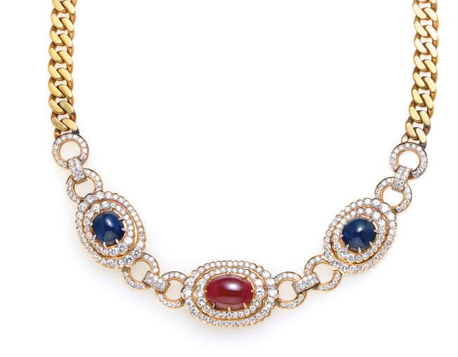 A MULTI-GEM, DIAMOND AND 18K GOLD NECKLACE