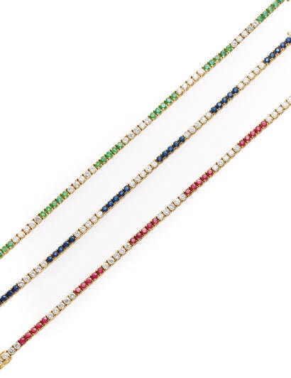 A SET OF THREE MULTI-GEM, DIAMOND AND 18K GOLD BRACELETS