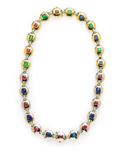 A MULTI-GEM, DIAMOND AND 18K BI-COLORED GOLD NECKLACE