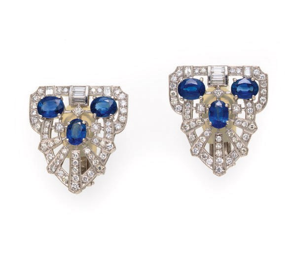 A PAIR OF SAPPHIRE, DIAMOND AND WHITE GOLD CLIPS
