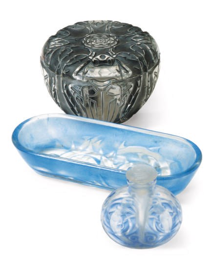 A FRENCH MOLDED AND PATINATED GLASS BOX AND COVER, A OBLONG DISH, AND A SCENT FLASK AND COVER,