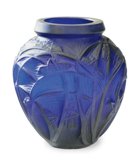 A CONTINENTAL COBALT BLUE GLASS VASE MOLDED WITH GRASSHOPPERS,