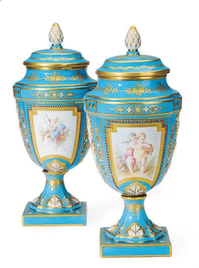 A PAIR OF SEVRES STYLE TURQUOISE-GROUND 'JEWELED' VASES AND COVERS,