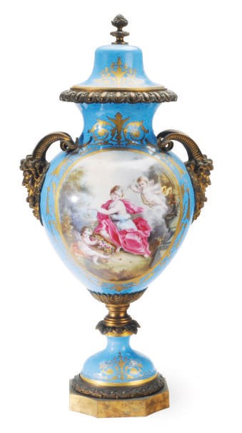 A GILT METAL-MOUNTED SEVRES STYLE TURQUOISE GROUND VASE AND COVER,