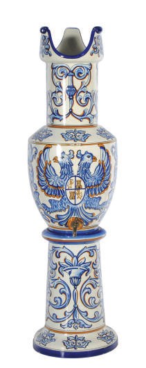 A GERMANY FAIENCE BEER CISTERN PAINTED WITH ARMORIAL,