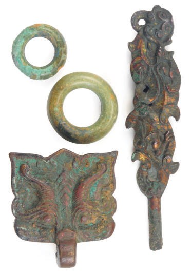 A CHINESE BRONZE TAOTIE FITTING AND A BELT HOOK,