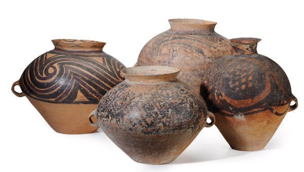 FOUR CHINESE PAINTED POTTERY JARS,