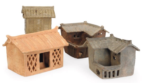 FOUR CHINESE POTTERY MODELS OF BUILDINGS,