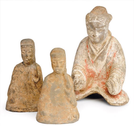 THREE CHINESE PAINTED POTTERY FIGURES,