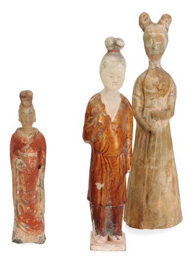 TWO CHINESE PAINTED POTTERY FIGURES OF LADIES,
