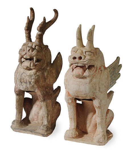 TWO CHINESE PAINTED POTTERY EARTH SPIRITS,