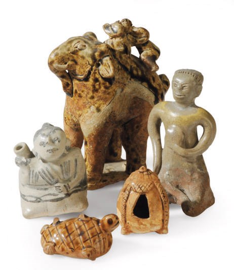 TWO CHINESE AND THREE THAI GLAZED POTTERY FIGURES,